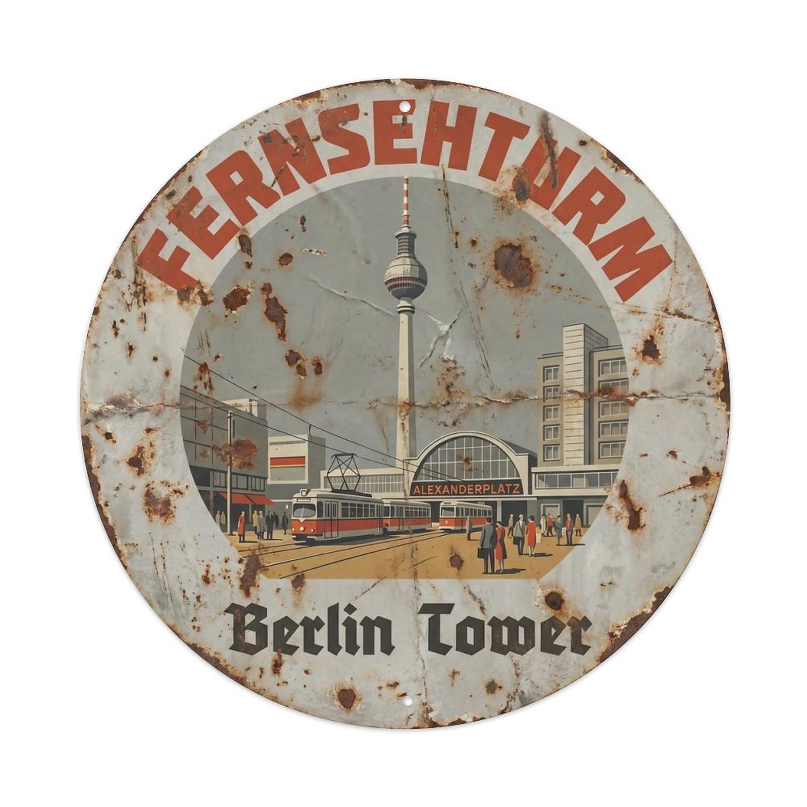 Vintage Travel Berlin Television Tower 1 Metal Tin Sign Plaque Wall Decor for Cafe, Club, Garden Round Metal Poster 8x8Inch