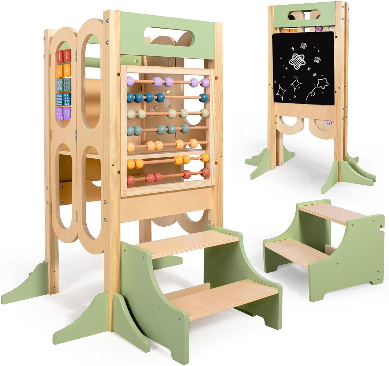 aiwo 6in1 Foldable Toddler Tower with 2-Step Stool Kitchen Standing Stool, 3 Adjustable Heights, Chalk-Whiteboard & Learning Activity Games