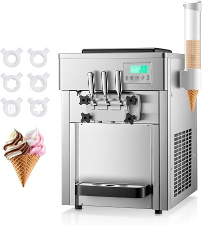 Commercial Ice Cream Machine 5.3-7.4 Gal/H, 3 Flavors Countertop Soft