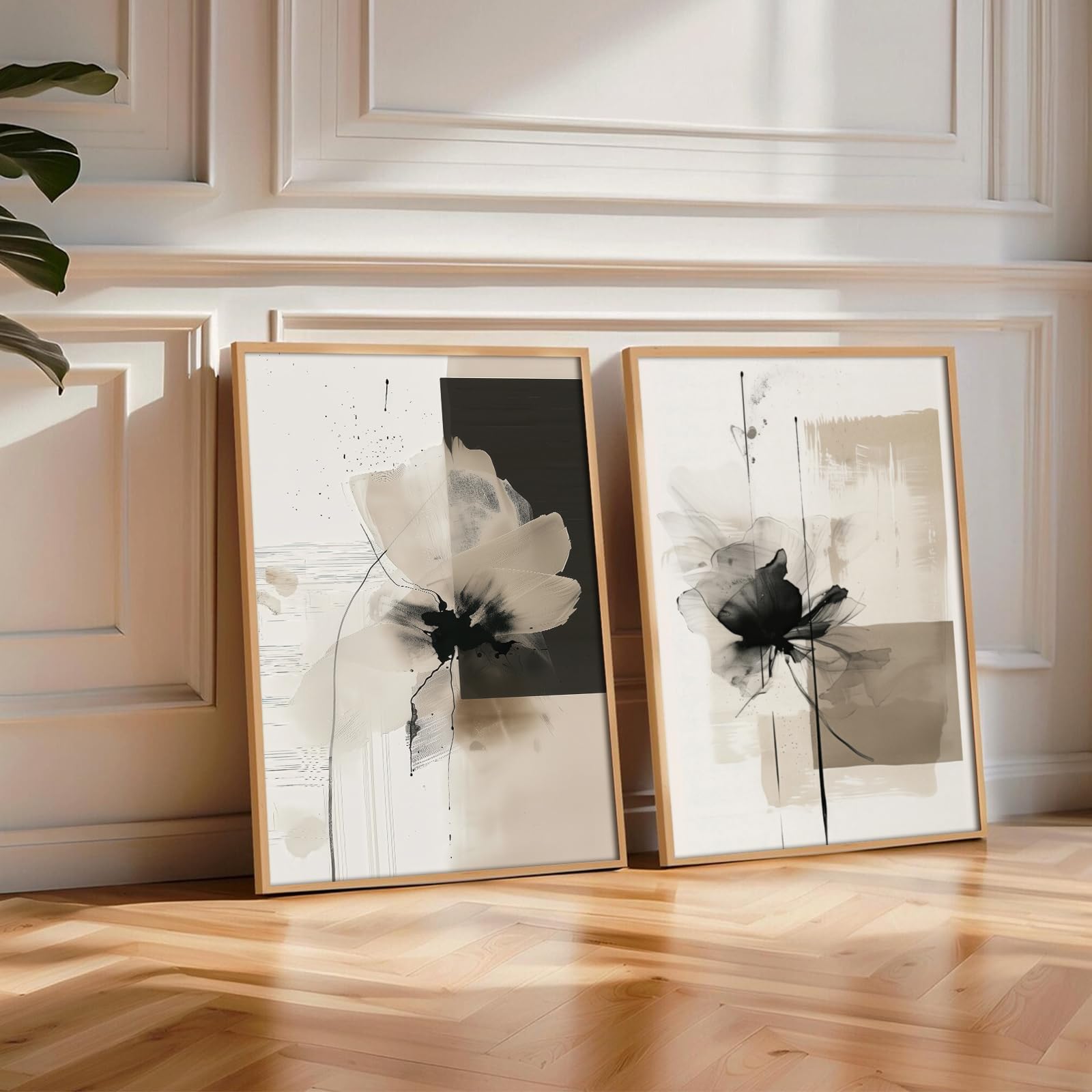 Abstract Floral Wall Art Minimalist Neutral Canvas Painting Beige Black 12x16