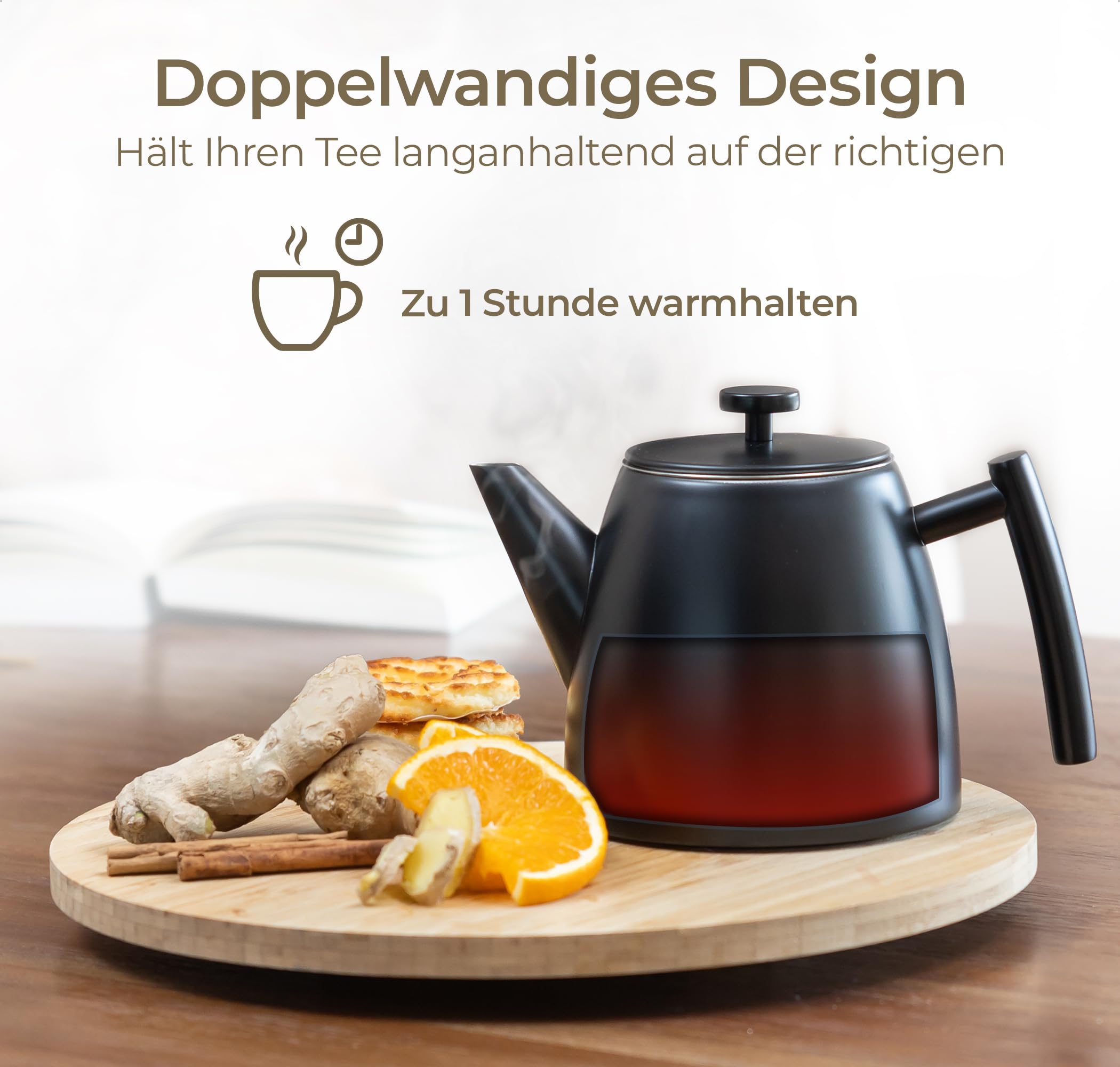 Vaja Trends | Doppelwandige Teekanne | Isoliert und Tropffrei | Edelstahl Schwarz Matt 1L | Inklusive Teesieb | langanhaltende Wärme