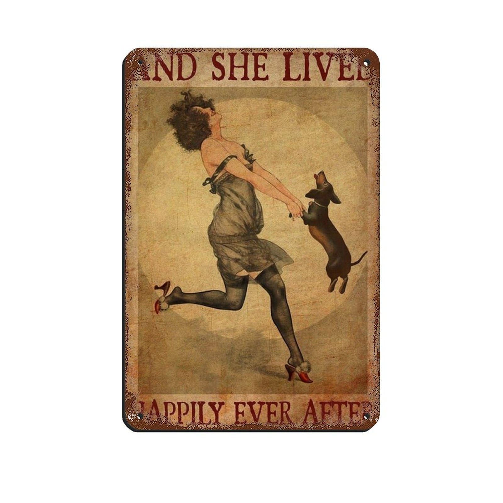 Vintage Dachshund And Girls Art Poster Tin Sign Vintage Metal Pub Club Cafe Bar Home Wall Art Decoration Poster Retro 8x12inch(20x30cm)