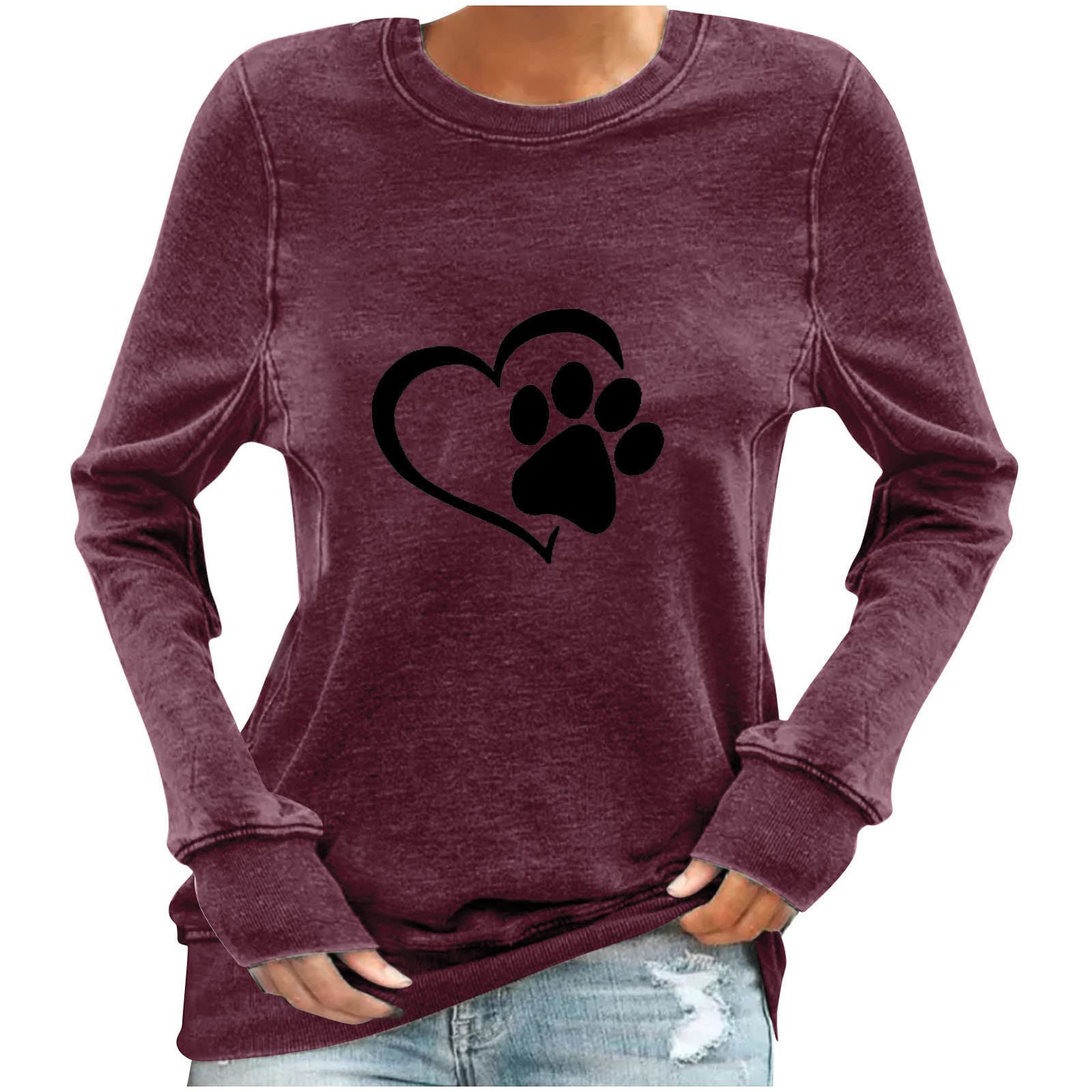 Ladies Crew Neck Spandex Tshirts Casual Blouses Shirts Cuff Sleeve Cat Floral Print Loose Fit Long Kawaii Tshirts