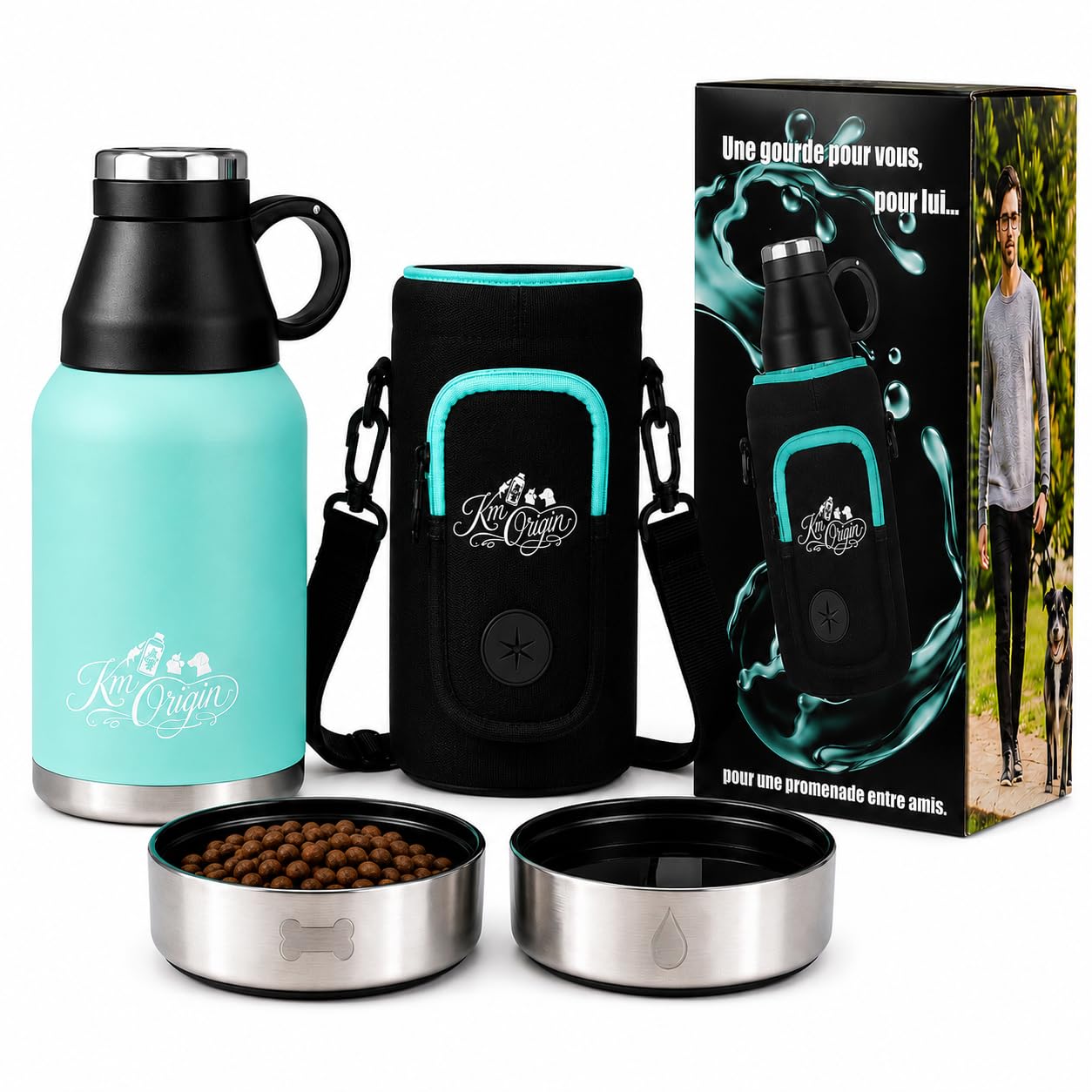 Gourde Chien Portable 950ml -Bouteille d'eau avec Bol/Gamelle Intégré en Acier Inoxydable - Anti-Fuite avec Sac de Transport - Parfaite pour Promenade, Voyage et Randonnée