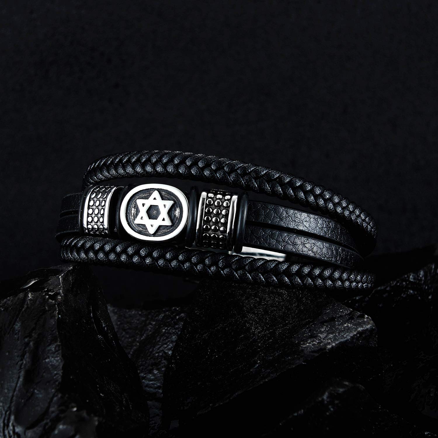 Pulsera de cuero negro para hombre, pulsera de cuero trenzado multicapa Magen Star of David, joyería judía, Cuero 4