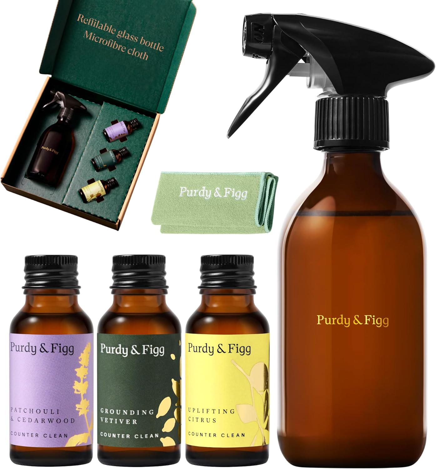 Purdy & Figg | Counter Clean Mixed Starter Kit | All Natural Gentle Non Toxic Organic Essential Oils Multipurpose Cleaner | Citrus Vetiver Patchouli & Cedarwood | Home Kitchen Countertop