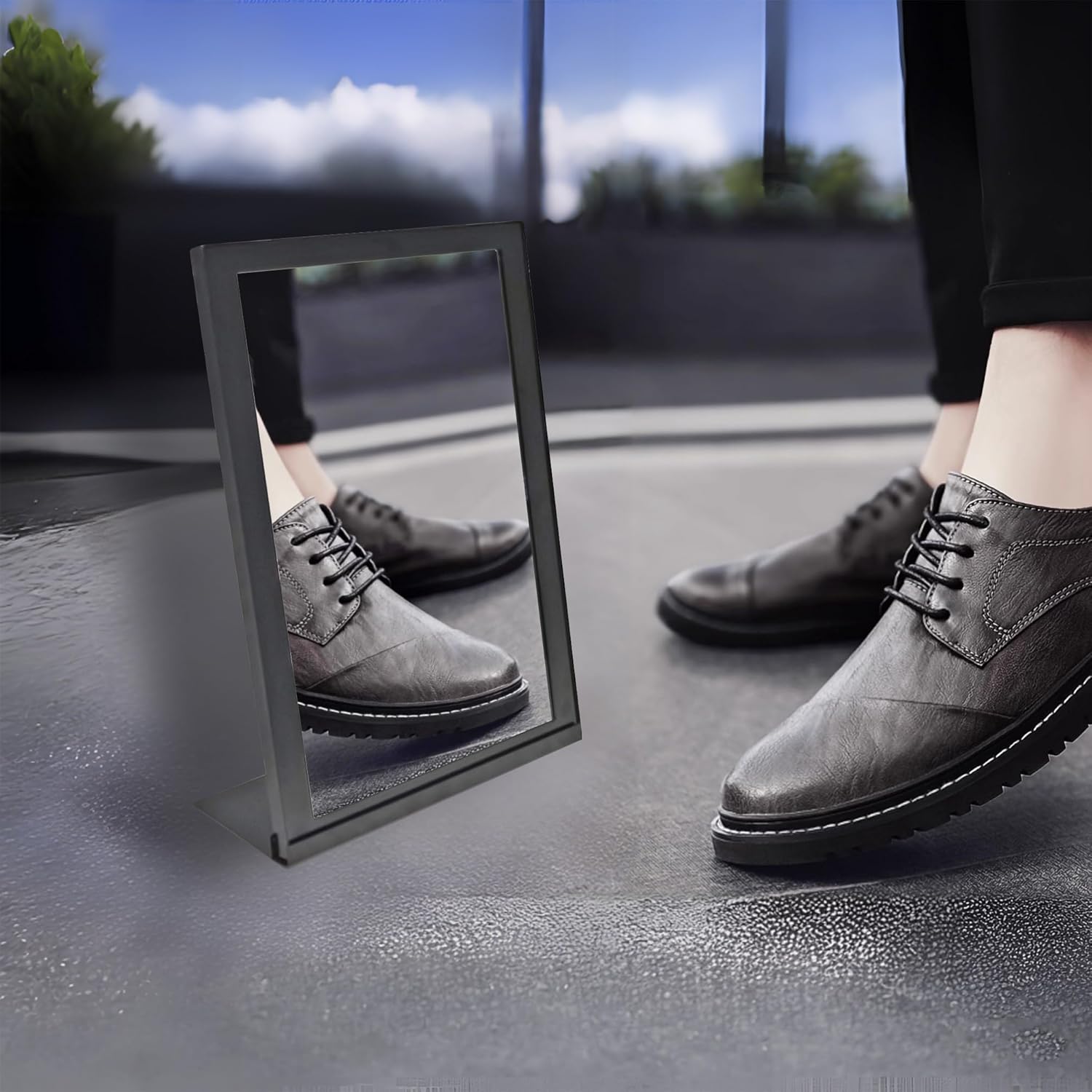 FixtureDisplays® 12.6 X 4.3 X 17" Black Metal Frame Mirror, Tabletop, Countertop or Floor Shoe Fitting Mirror, for Commercial and Residential Use 10202-NPF