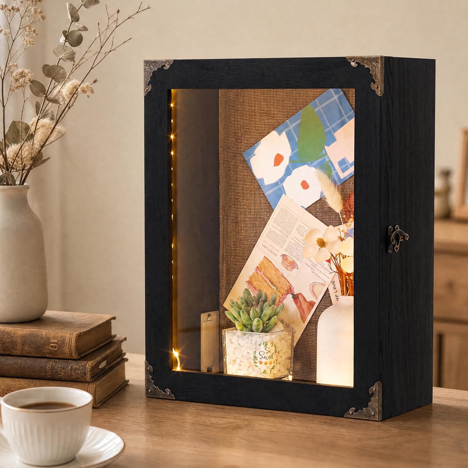 Cinnvoice Wood Deep Shadow Box Frame with LED Light,11x14 Inch,Black