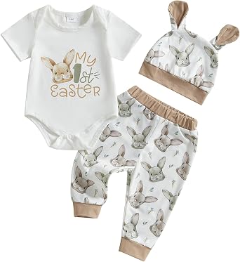 Amnnchya My First Easter Baby Boy Girl Outfit Rabbit Romper Bunny Carrot Pants Newborn Fall Winter Clothes Hat Set