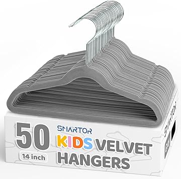 Smartor Premium 14 Inch Kids Hangers 50 Pack, Grey Baby Velvet Hanger, Non Slip, Space Saving Felt Hangers Clothes Organizers for Closet with 360 Swivel Hook for Children, Toddler & Teens
