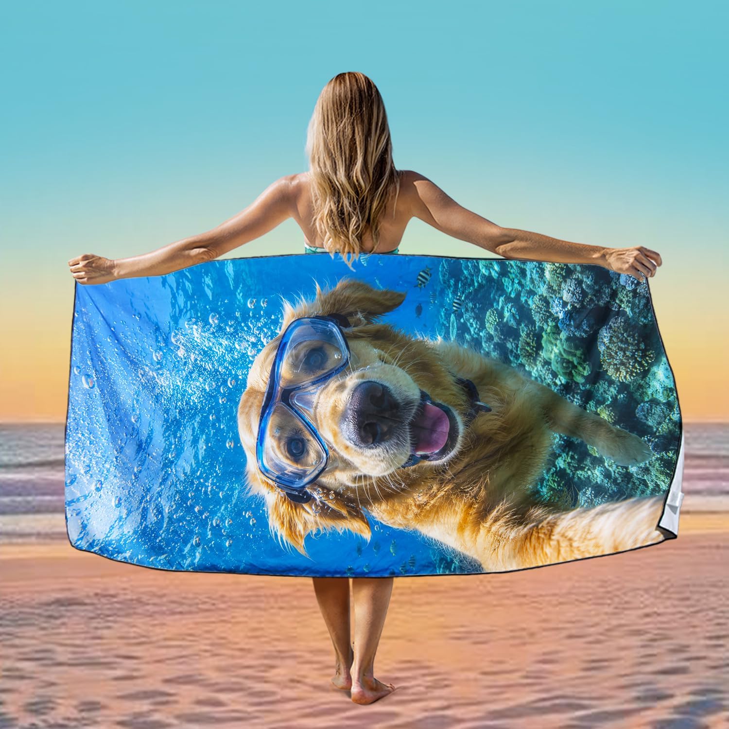 Golden Retriever Beach Towel Oversized 36"x72", Microfiber Quick Dry Sand Free Coral Tropical Fish Printed Pool Blanket, Camping Beach Vacation Travel Essential