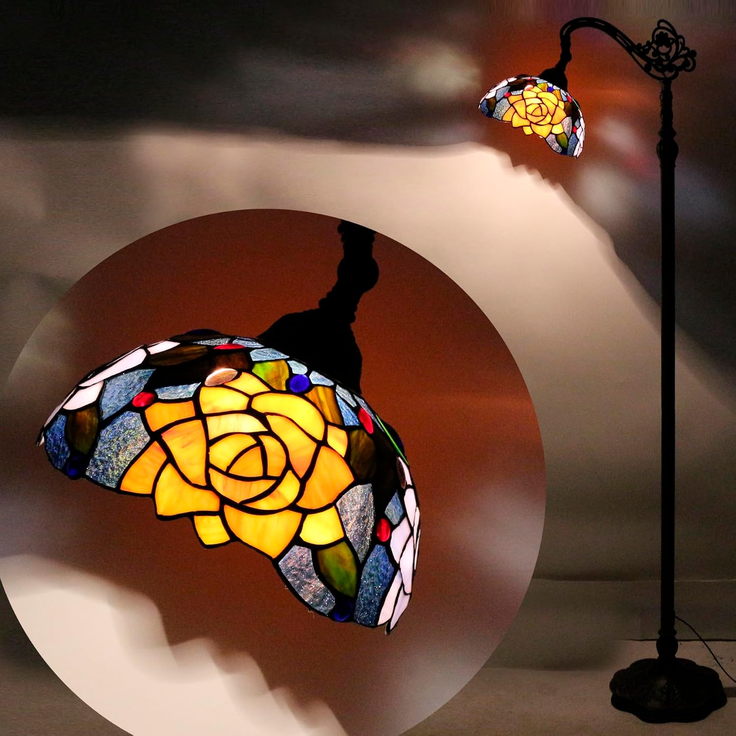 Tiffany Floor Lamp Stained Glass Orange Red Rose Arched Reading Light Gooseneck Adjustable Corner Standing Lamp 10X16X64 Inch for Bedroom Living Room Home Office