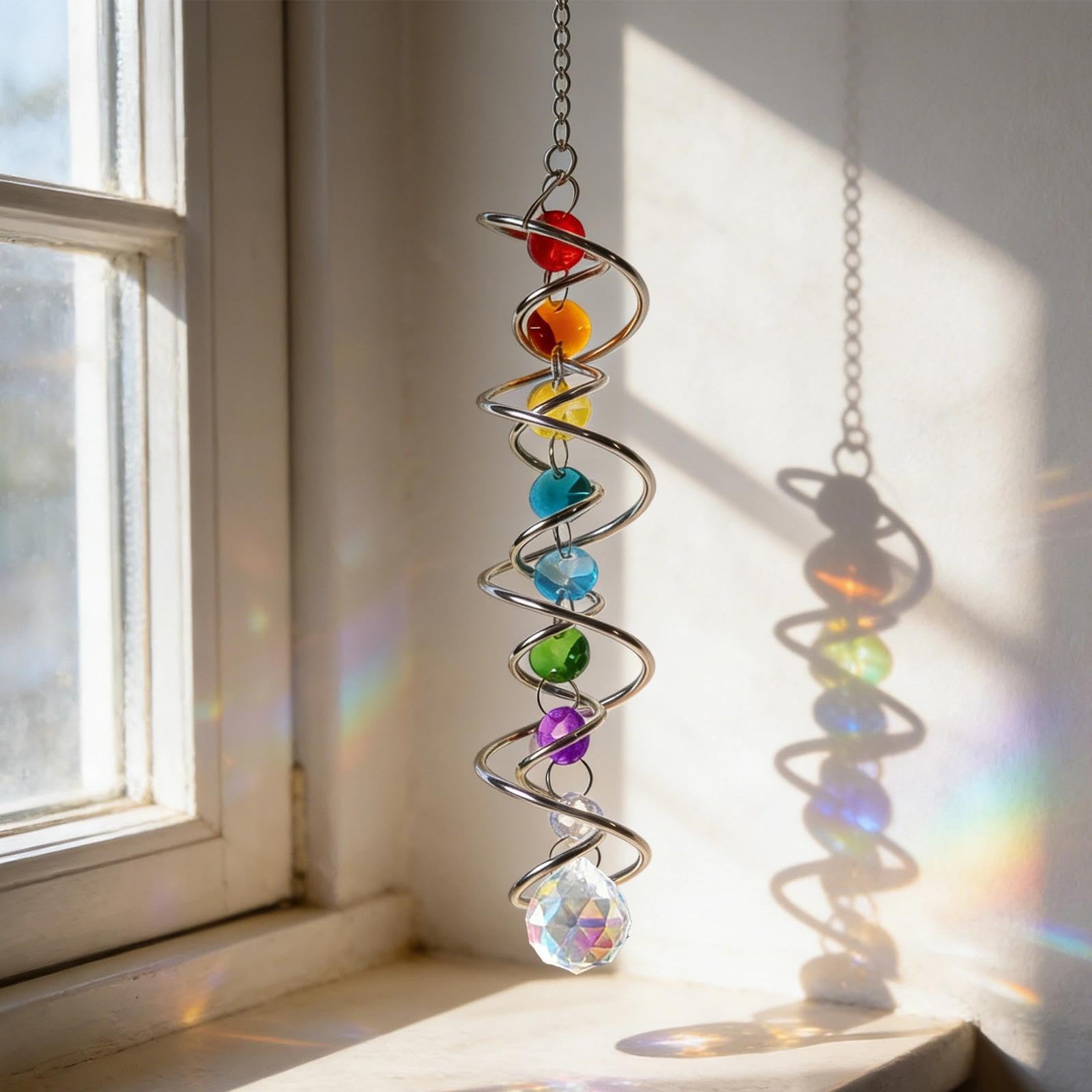 Atrapasoles Cristal con Doble Espiral, Atrapasol Suncatcher Colgante Campana de Viento Decorativa con Siete Perlas de Chakra y Bola de Cristal para Ventana Jardín Boda 45 CM