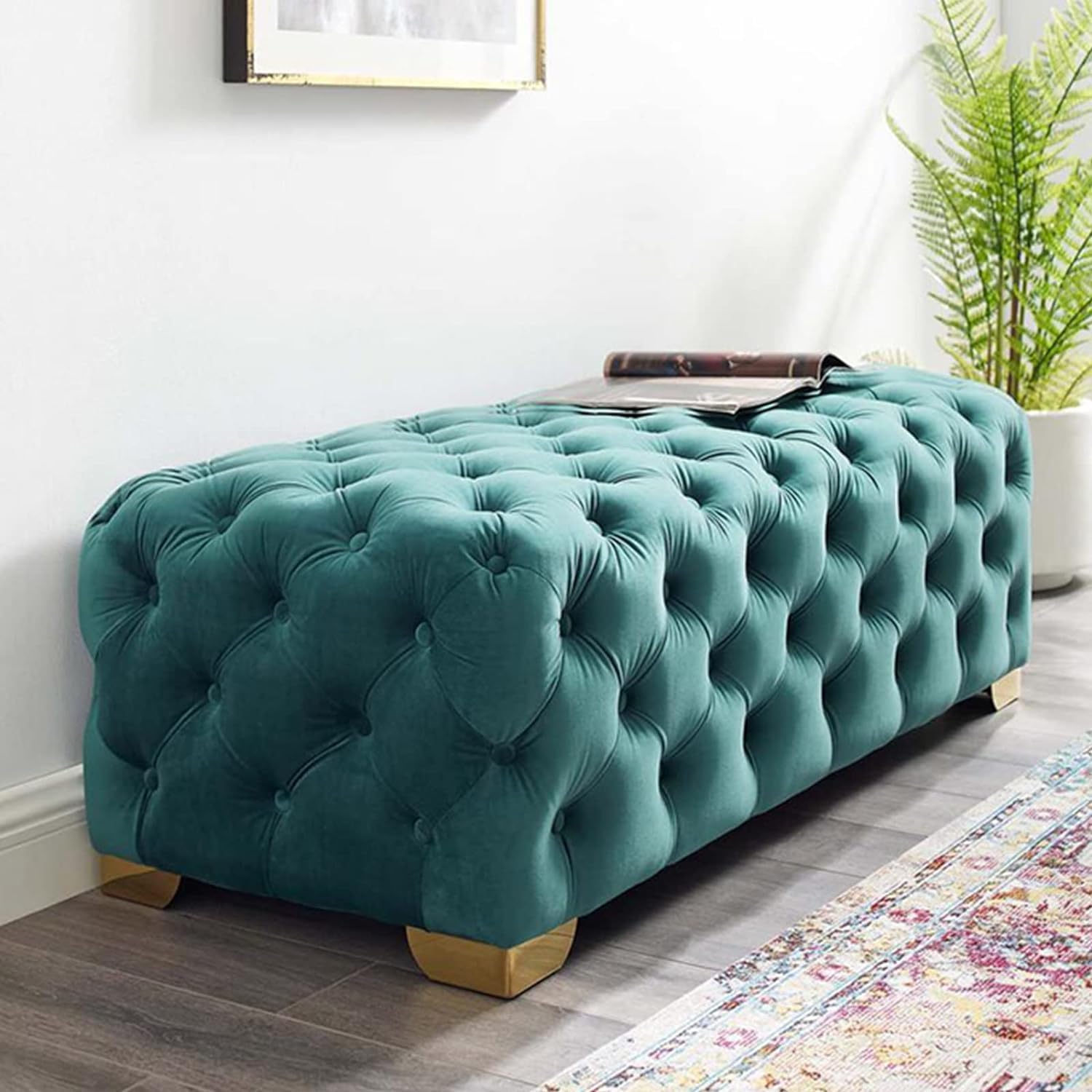 Tabouret ottoman en velours bleu 70x45cm rembourré et capitonné pour salon