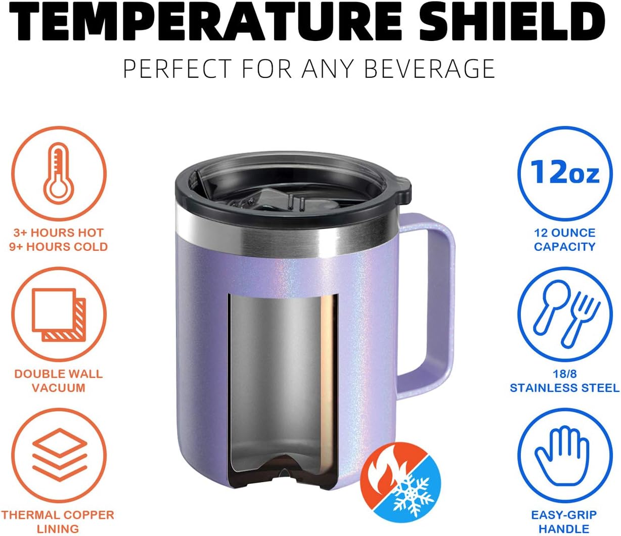 ALOUFEA 12oz Stainless Steel Insulated Coffee Mug with Handle, Double Wall Vacuum Travel Mug, Tumbler Cup with Sliding Lid, GLITTER LAVENDER - Image 4