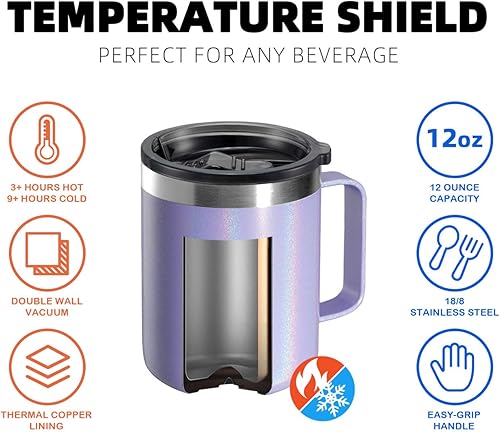 Miniatura 49 de ALOUFEA Taza de café aislada de 12 onzas con asa, taza de café de viaje de acero inoxidable con tapa abatible, vaso de café al vacío de doble pared