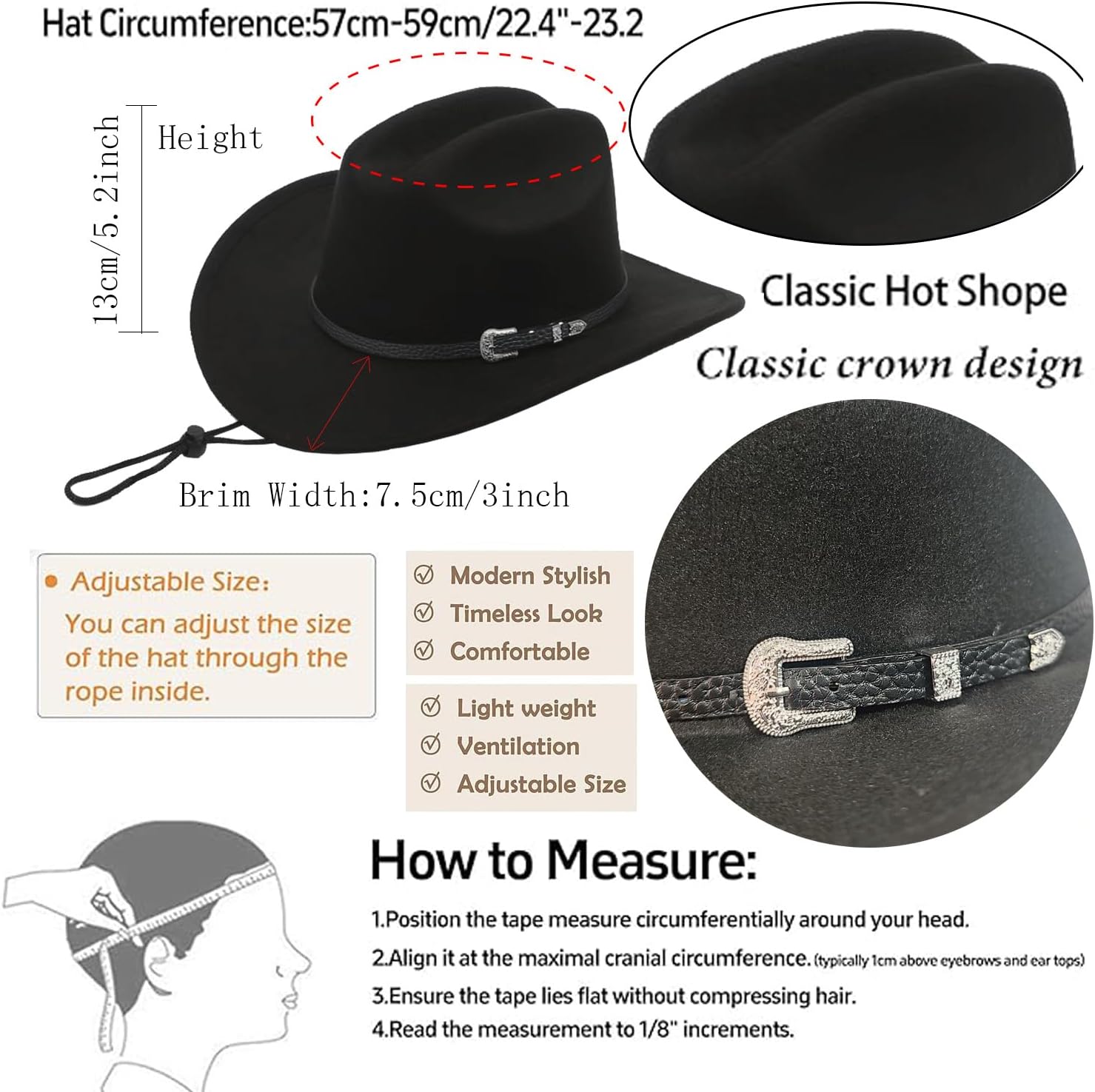 Western Cowboy Hat for Men Women with Buckle Belt,Unisex Felt Cowboy Hat with Windproof Cord, for Rodeo, Party, Outdoor
