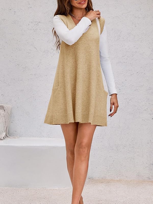 Saodimallsu Womens Sleeveless Sweater Vest V Neck Loose Knit Casual A Line Flattering Tunic Top with Pockets Beige by Saodimallsu - Image 5