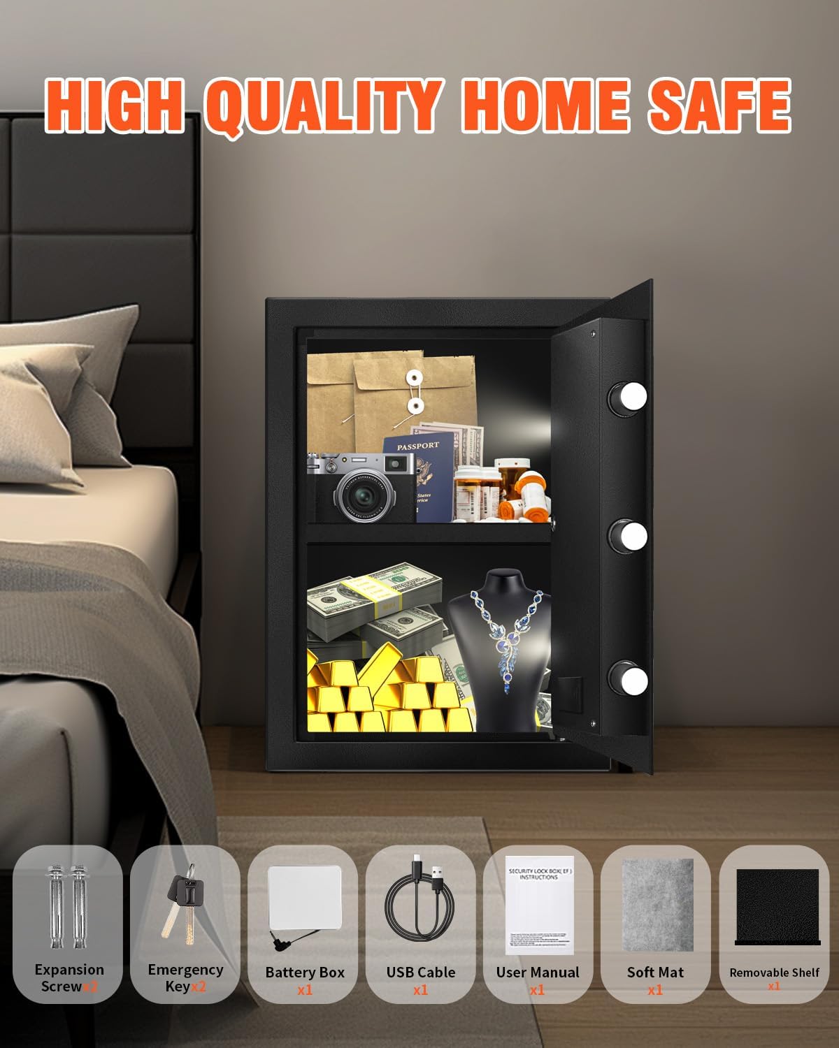 3.3 Cu Ft Safe for Home Documents, Digital Security Safe Box with LED Sensor Light & Emergency USB-C Cable, Removable Shelf for Money Jewelry Valuables