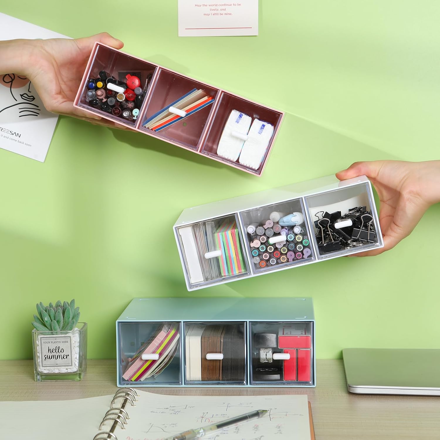 Desktop Drawers, Desk Organizer with 9 Drawers, Stackable Plastic Storage Box for Home Collection, Cosmetics, Jewelry, Office Supplies (3 Tiers, White) - Image 5