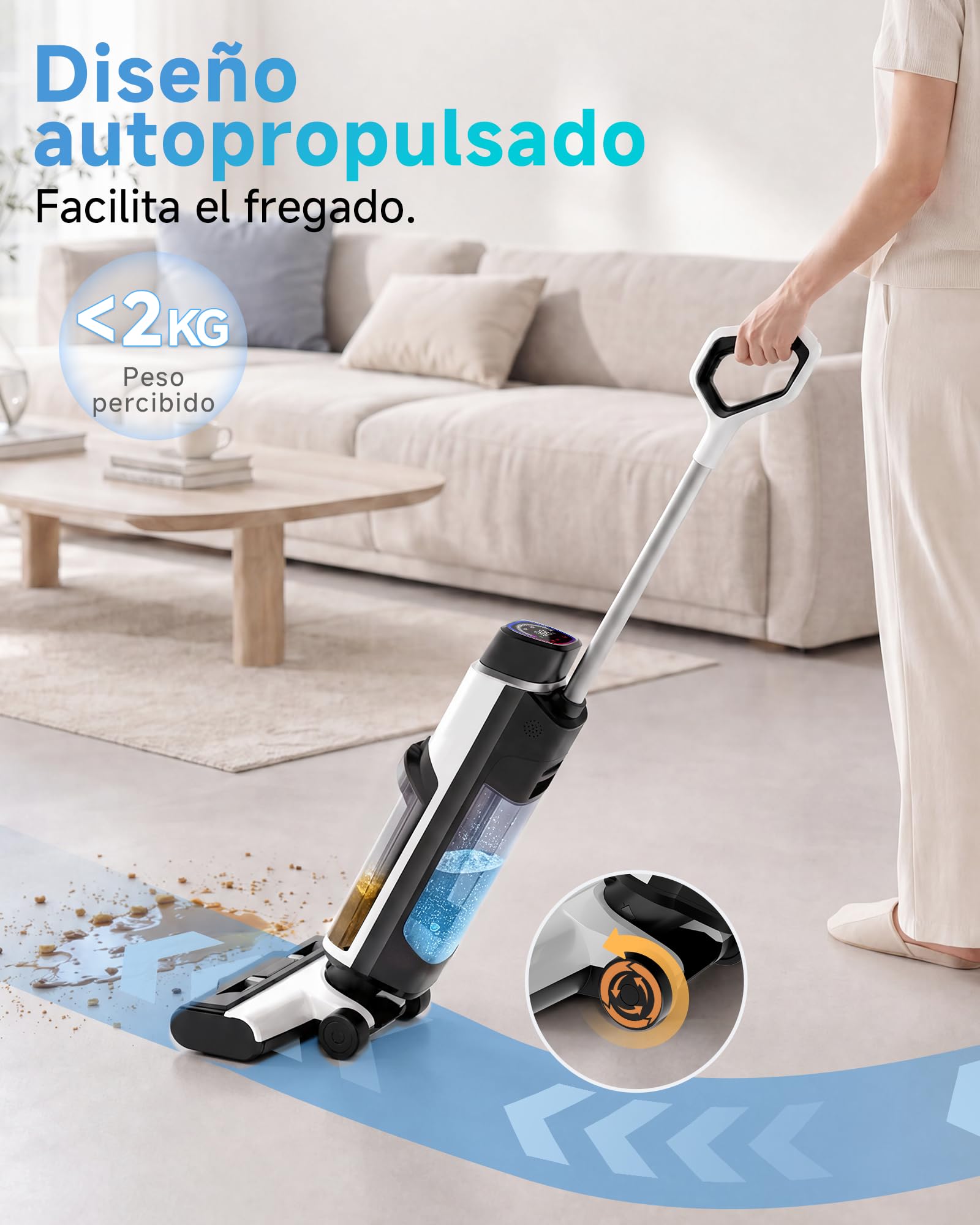 Hearten Fregona Electrica Sin Cable, 25 kPa de Gran succión, con Agua electrolizada, Ligera, Diseño Autopropulsado, Navegación por Voz, Autolimpieza, Antienredo, Limpieza de Bordes, LED Pantalla