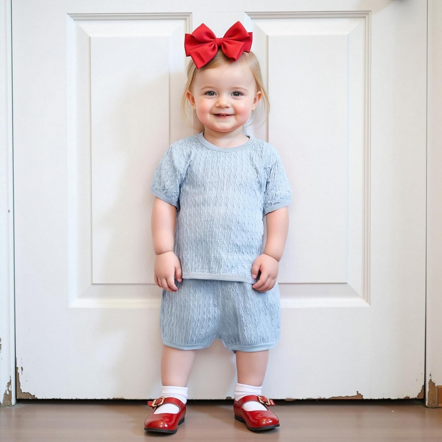 Fernvia Toddler Baby Girl Summer Clothes Solid Jacquard Short Sleeves T-Shirt Tops + Shorts 3 6 9 12 18 24 Months Outfits Set - Image 2