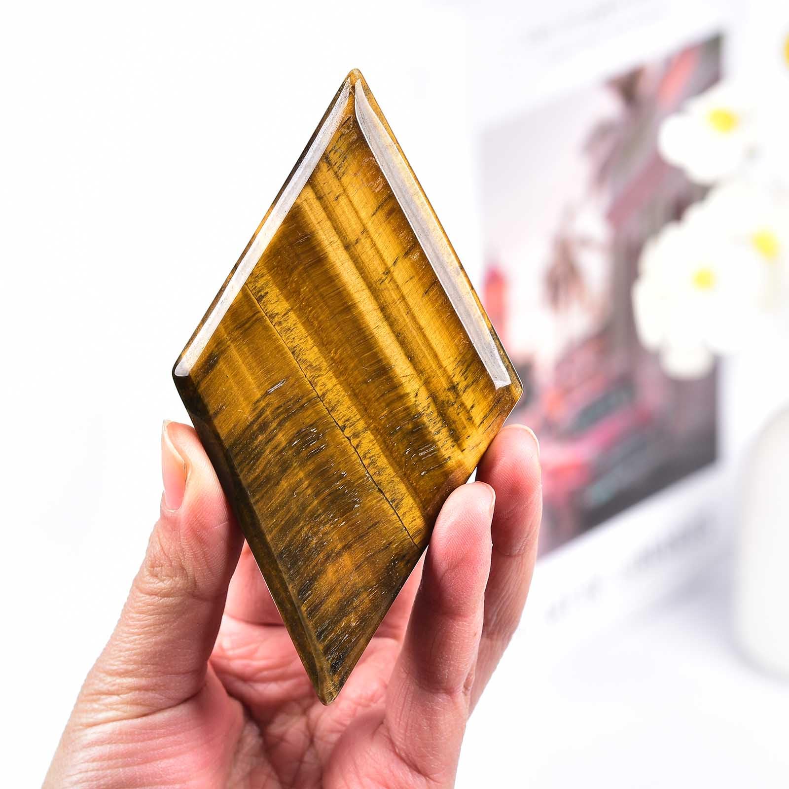 Tiger Eye Crystal Slab On Stand - Rhomboid Shape For Home Decor, Reiki, Or Healing