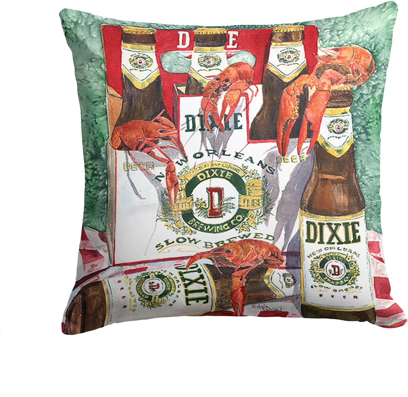 Caroline's Treasures 8541PW1414 Dixie Beer and Crawfish New Orleans Fabric Decorative Pillow Machine Washable, Indoor Outdoor Decorative Pillow for Couch, Bed or Patio, 14Hx14W