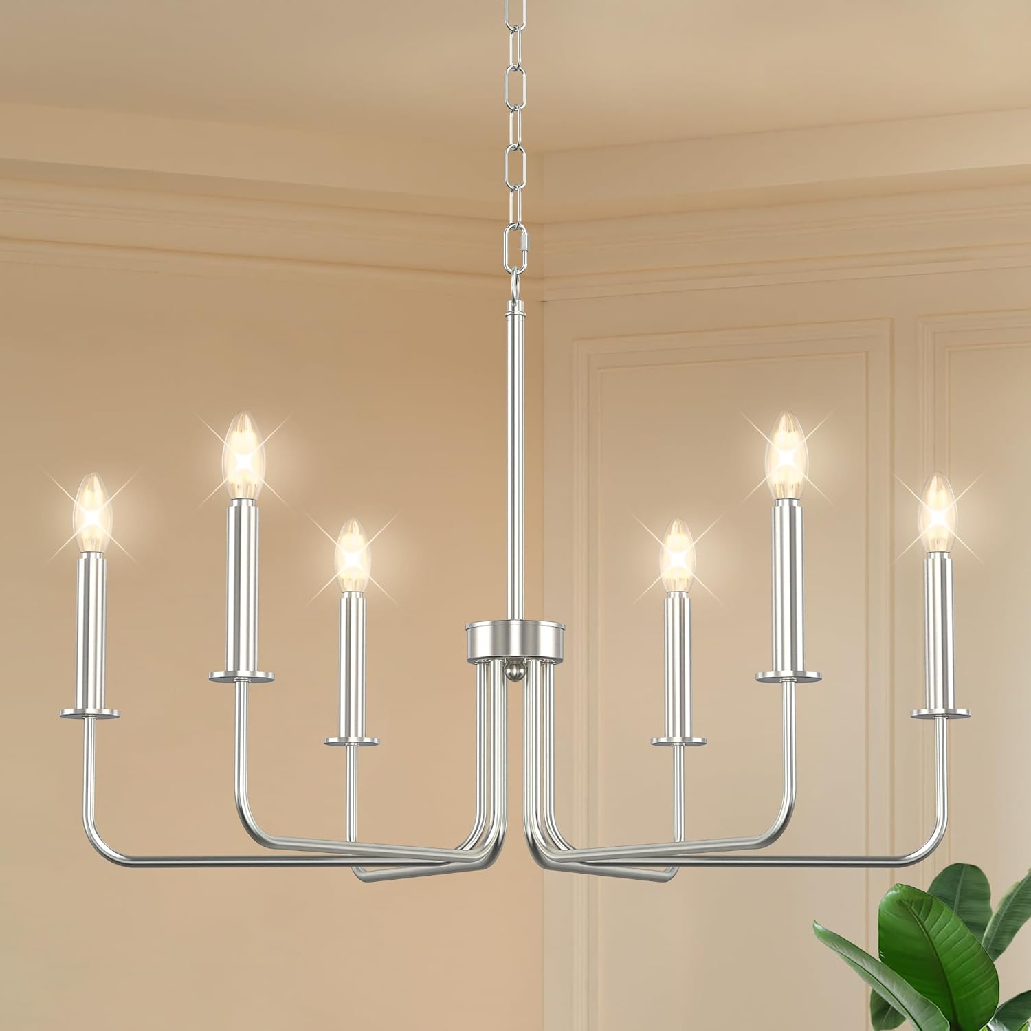 Farmhouse Chandelier, 6-Light Metal Hanging Ceiling Light Fixture for Dining Room, Kitchen Island, Living Room, Entryway, Foyer-Brushed Nickel