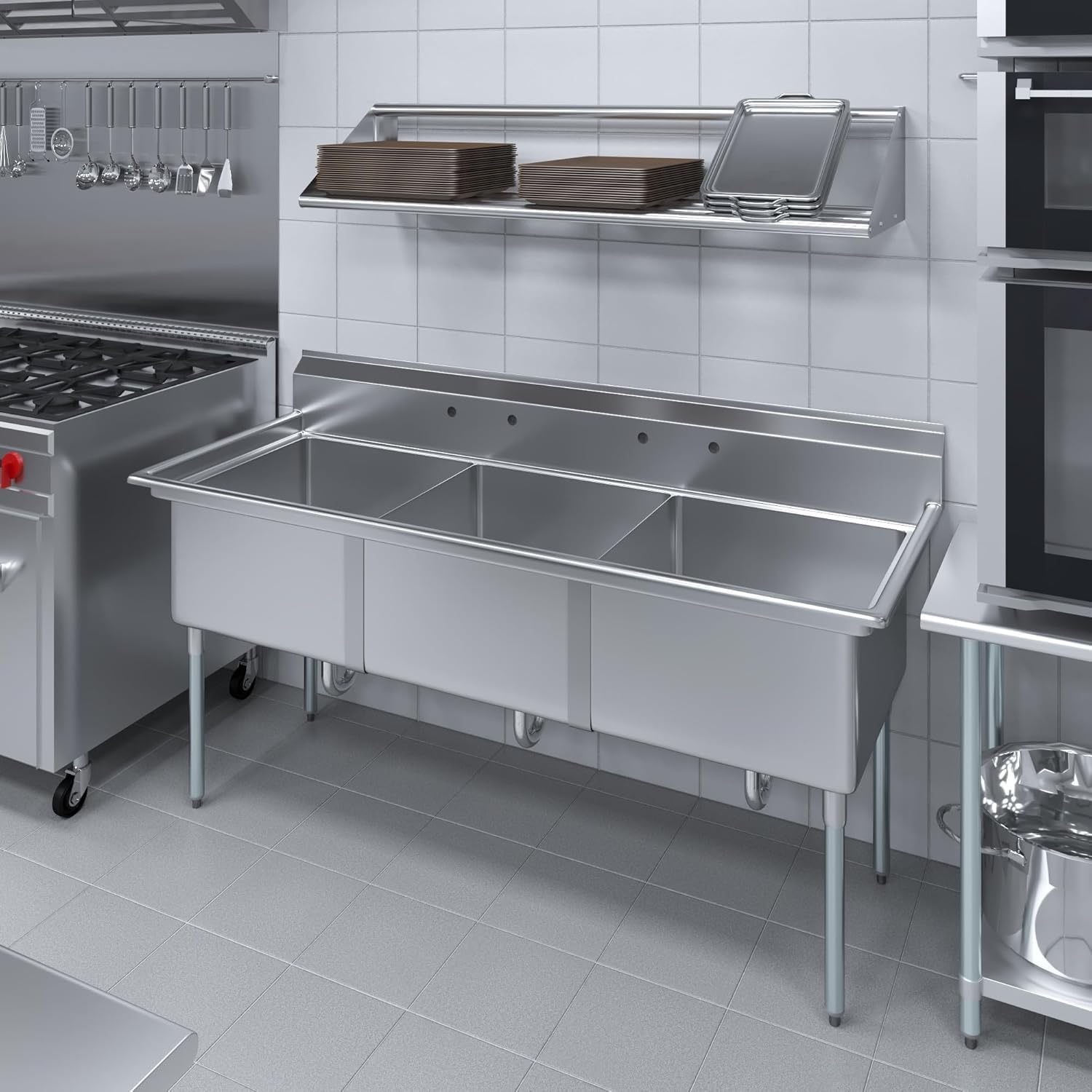 78" x 30" Stainless Steel Three Compartment Sink with 24" x 24" x 14" Bowls | NSF Certified Commercial Utility Sink with Backsplash, Galvanized Legs & Adjustable Feet