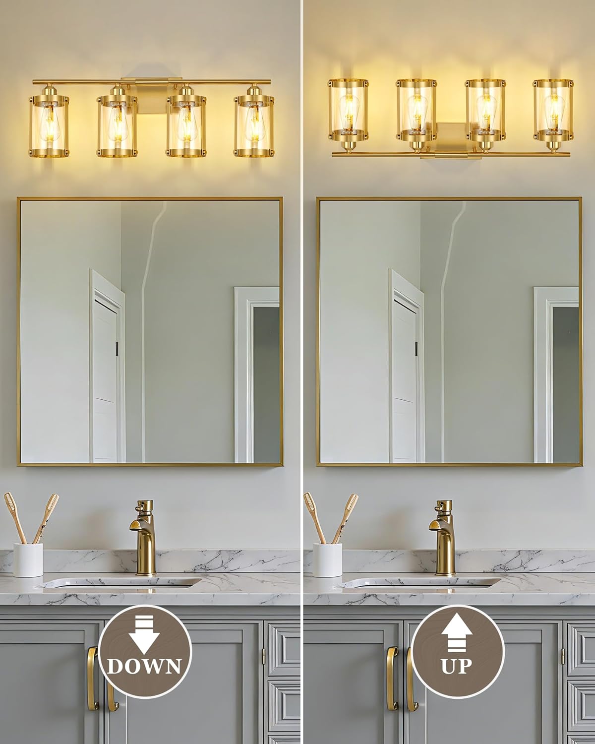 4-Light Brushed Gold Bathroom Light Fixtures, 29 Inch Modern Bathroom Vanity Lighting Fixtures Over Mirror with Clear Glass and Metal Cage Wall Sconce Lights for Bath, E26, OS-3014BG-4W