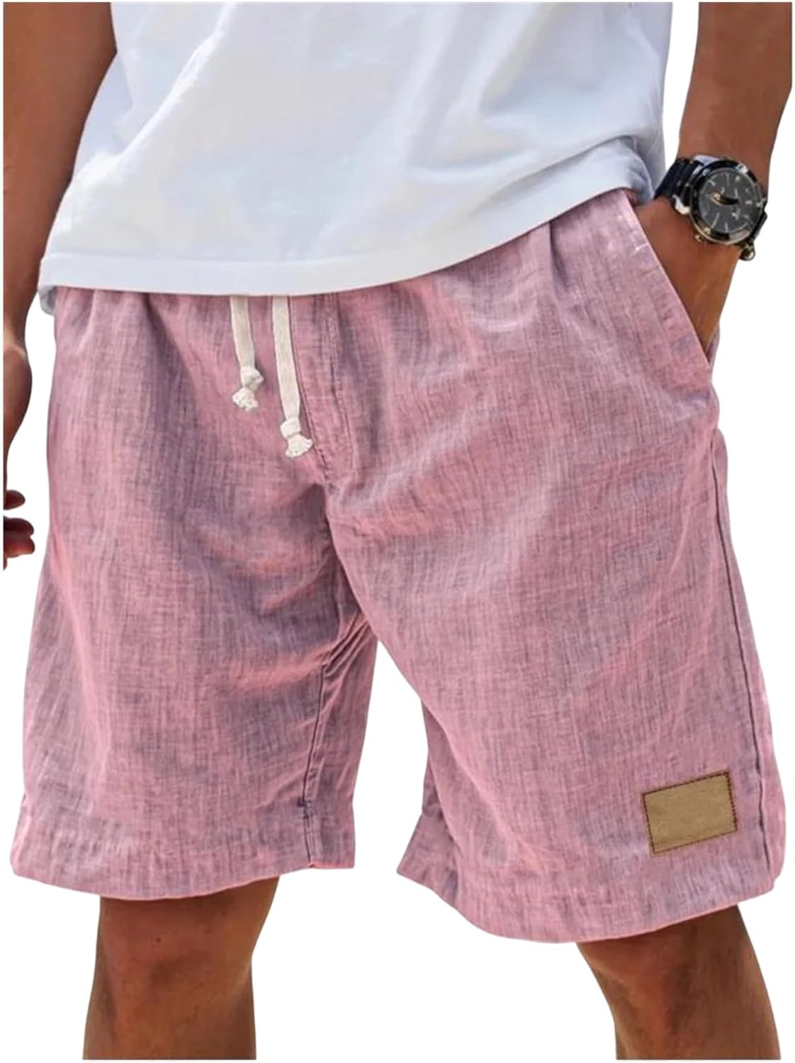 Mens Linen Cotton Shorts Elastic Waist Lightweight Breathable Loose Fit Casual Summer Basketball Shorts