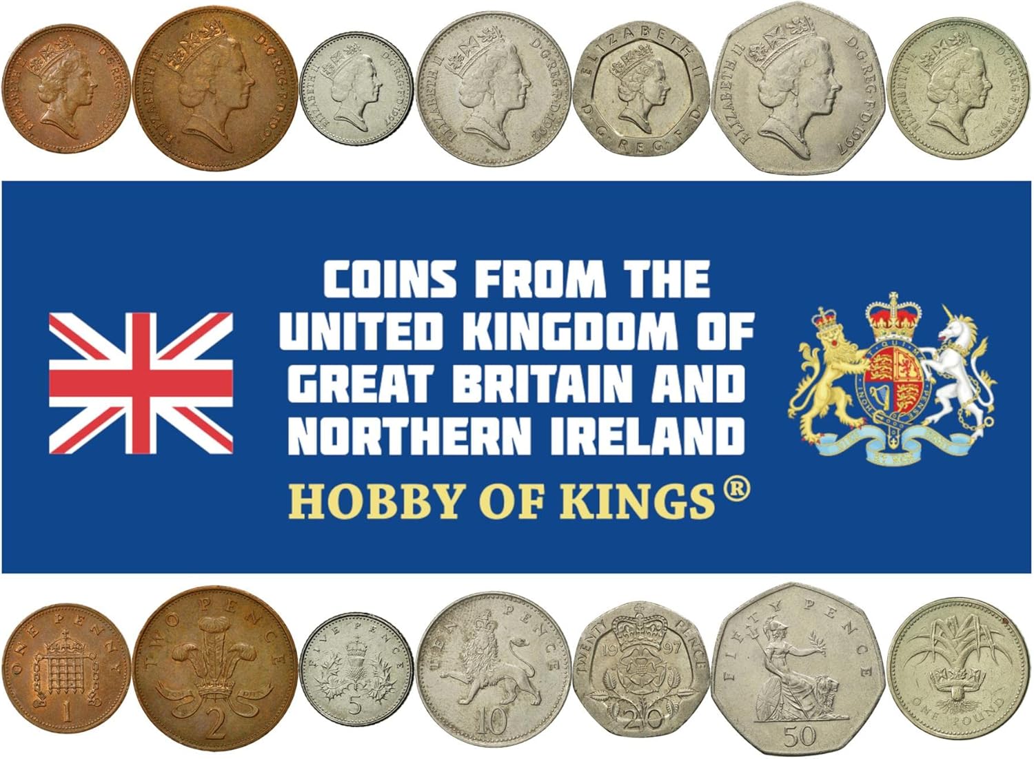 British 7 Coin Set 1 Penny 2 5 10 20 50 Pence 1 Pound | Elizabeth II | A Lion | A Rose | Britannia | United Kingdom | 1985-1997