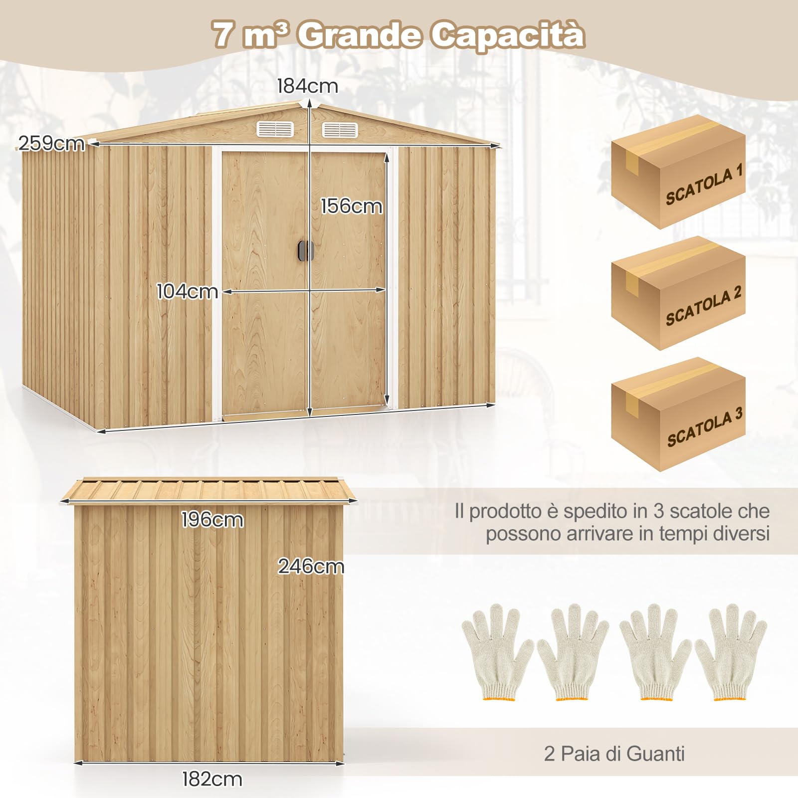 RELAX4LIFE Casetta da Giardino per Attrezzi, in Lamiera d'Acciaio e e Lamiera Zincata con Fondazione, Doppie Porte Scorrevoli, Rampa, 4 Fori di Ventilazione e 4 Guanti Inclusi (259 x 196 x 184 cm)