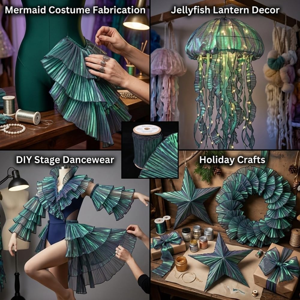 IDONGCAI Iridescent Mermaid Ruffle Trim, Green | 12yd, Pleated Organza Ribbon