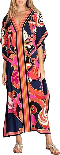 Cashew Flower Silk Caftan Women Vneck beach Cover up Caftans Loose Plus Size Floral Print Side Split Kaftan Dresses