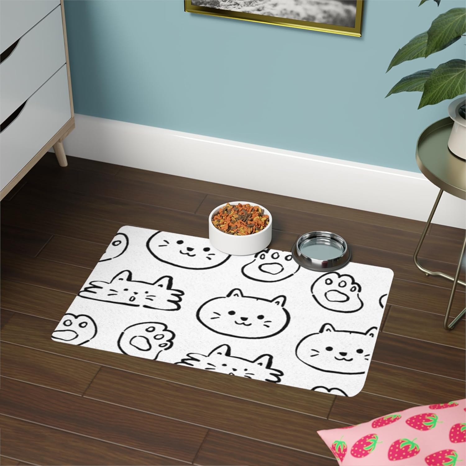 Cute Cat Faces and Paws Pet Food Mat | 12x18 Placemat