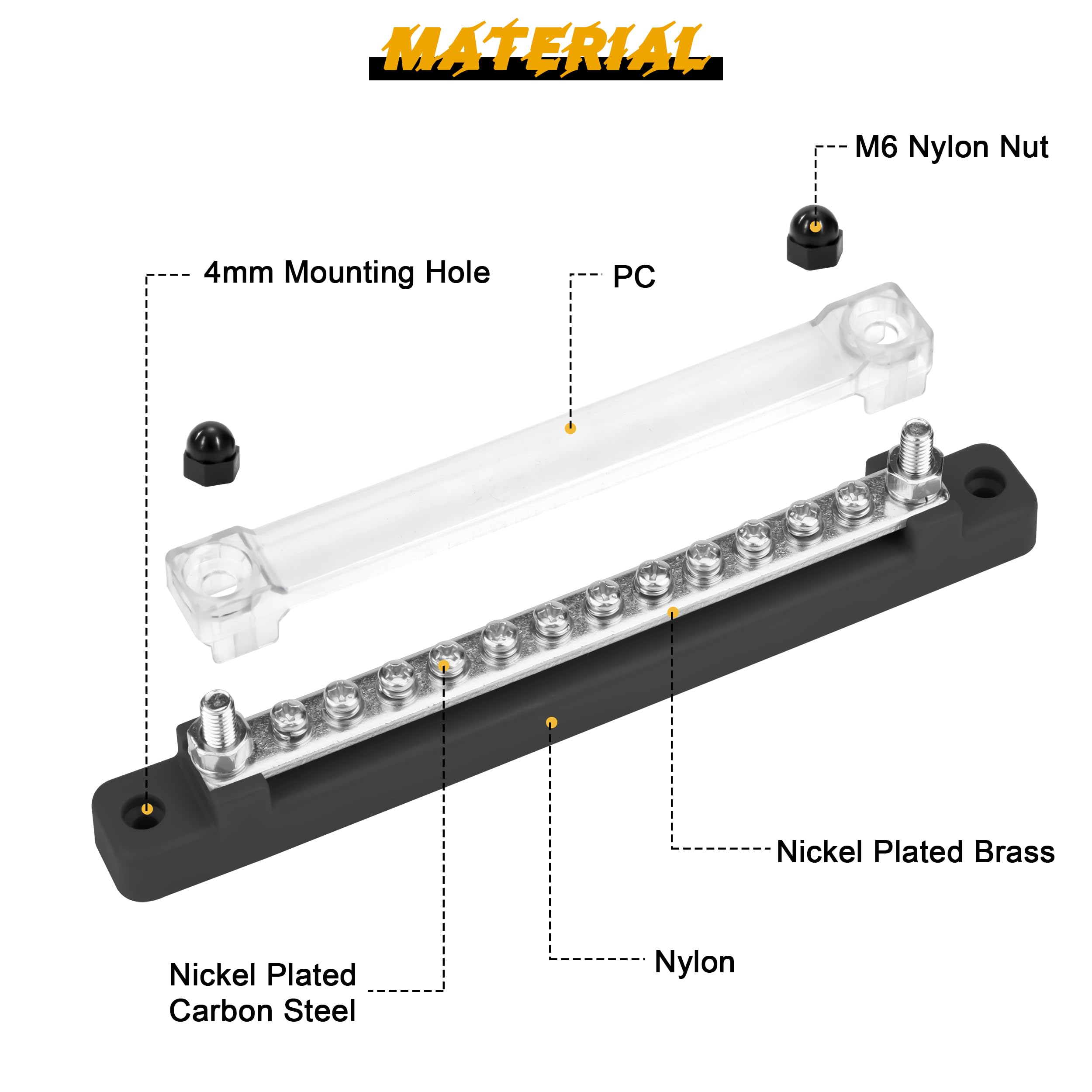 QIMEI-SHOP Bloques de Distribución de Energía 12V-48V Caja de Distribución de Barra Colectora BusBar 150A con 12 x M4 Pernos de Terminal para Automóvile Barco Negro