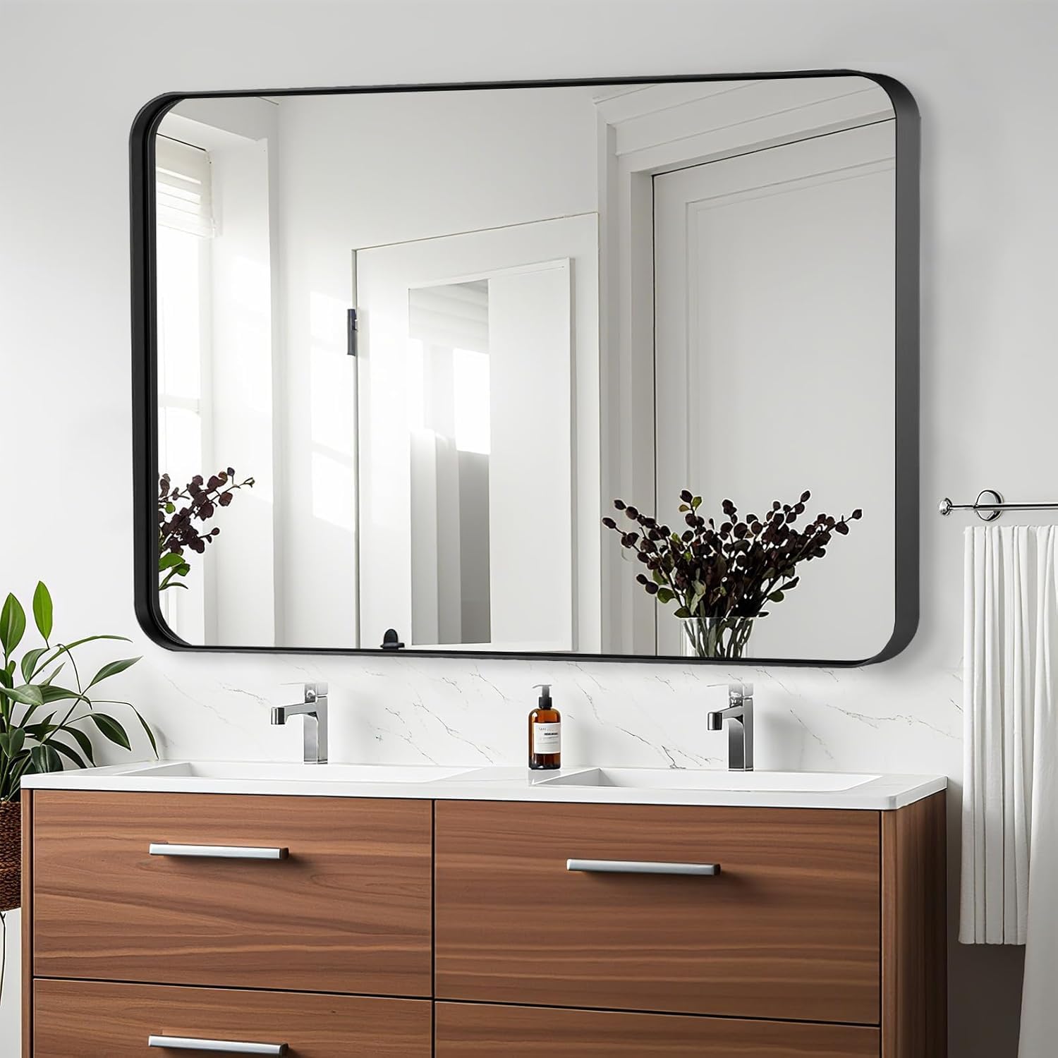 40x30 inch rectangle bathroom mirror, brushed black vanity mirrors for wall, metal frame wall mirror, vanity mirror with round corner for bedrooms, entryways, living rooms, horizontal/vertical 40"l x 30"w black