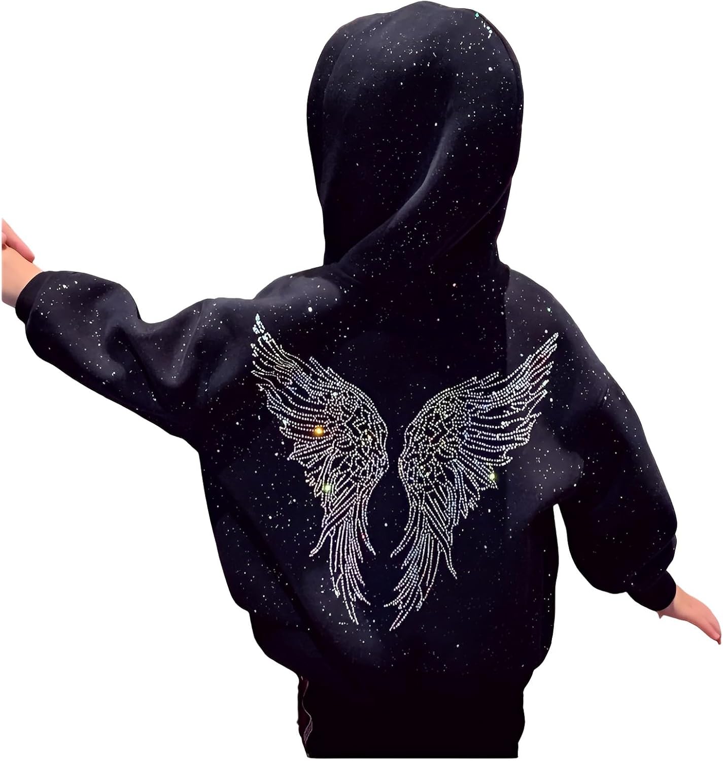 Kids Shiny Rhinestone Angel Wings Long Sleeve Hoodie Zipper Casual Hooded Sweatshirt Jacket