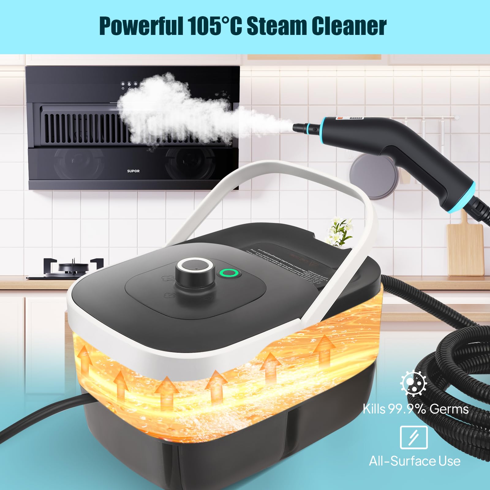 Pulitore a vapore manuale da 2500 W, 4,5 bar ad alta pressione e 15 s, serbatoio dell'acqua da 1250 ml, 9 accessori per cucina (piano cottura in ceramica), auto, pavimento, finestra, barbecue