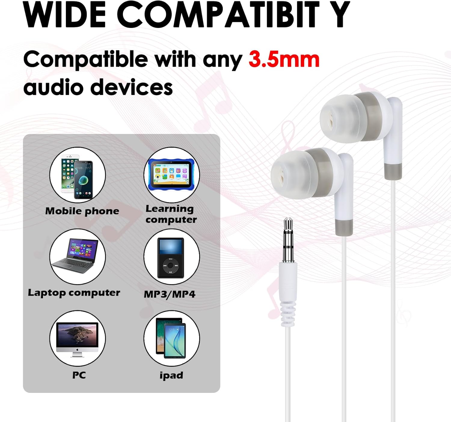 Kids Bulk Earbuds for Classroom School 100 Pack Wholesale Students Wired Earphones 3.5mm Perfect for School Classroom Libraries (White)