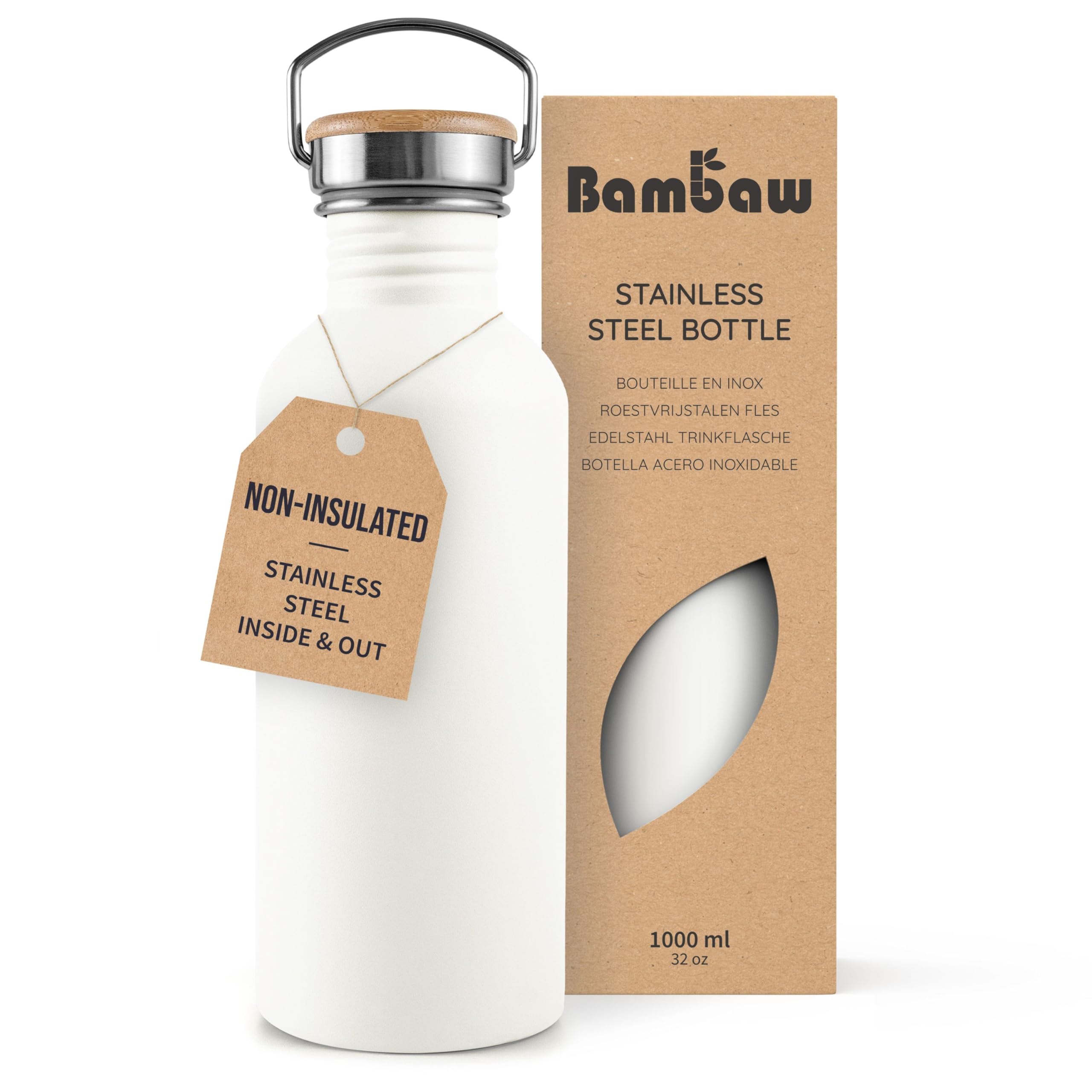 Bambaw Polar White Stainless Steel Water Bottle 1L, Non-Insulated Water Bottle, Metal Water Bottle, Leak Proof And Reusable –