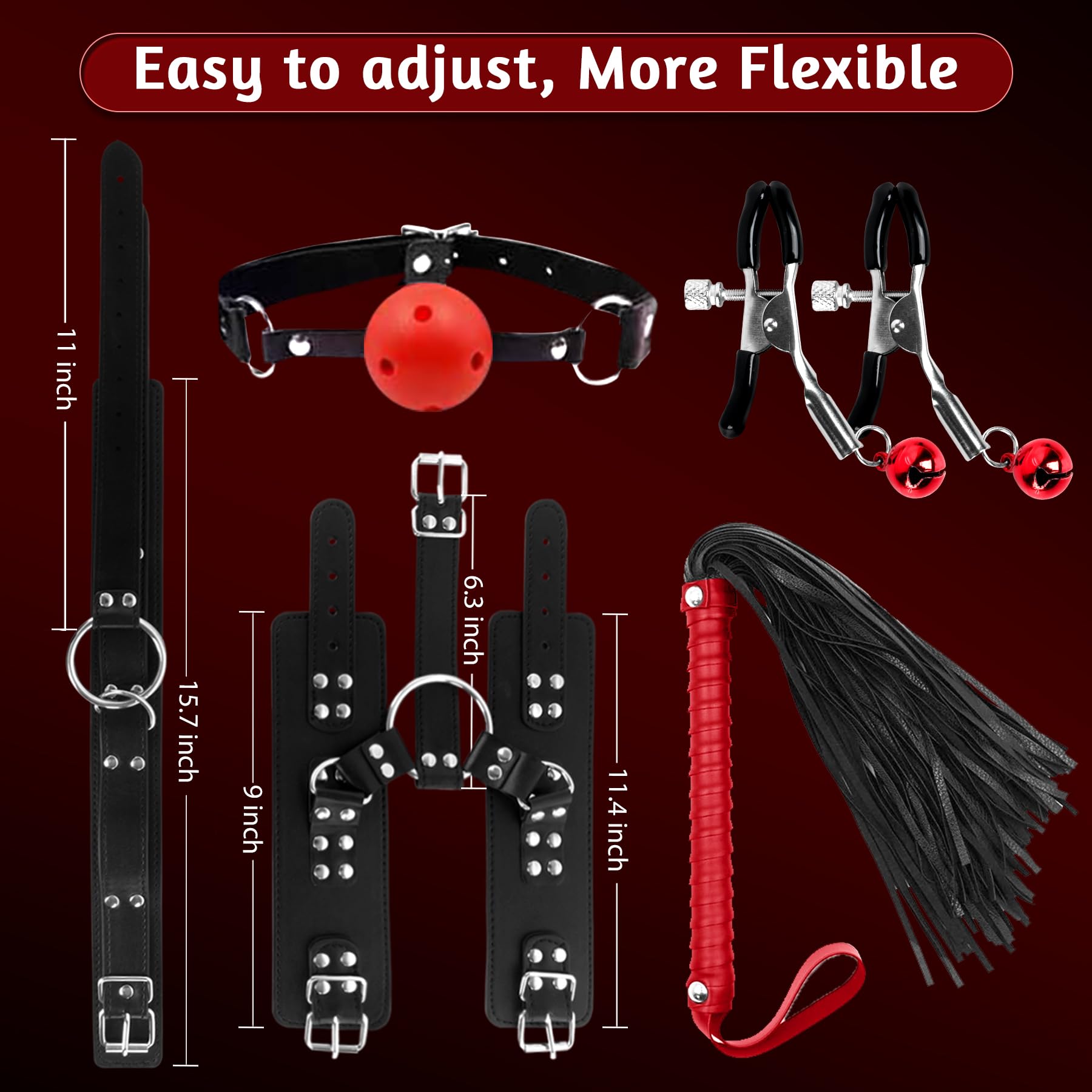 Bondage Neck to Wrist Restraints Sex Toys, BDSM Couple Handcuffs Collar Adjustable with Nipple Clamps Ball Gag Sex Whip, Sex Bondage Set Adult Toys for Couples