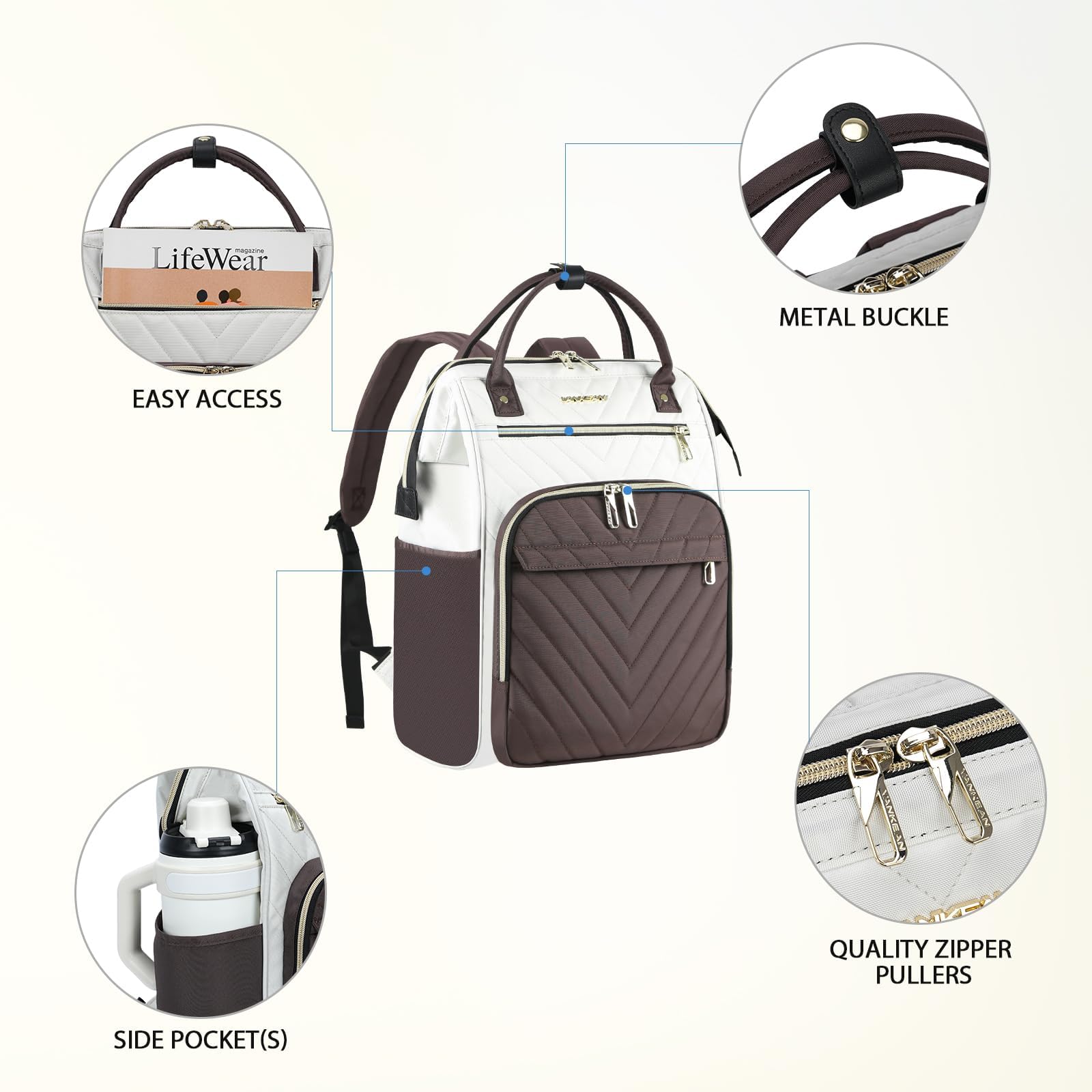 VANKEAN Mochila para ordenador portátil para mujer, bolsa de trabajo 15.6" | mochila impermeable de gran capacidad, mochila escolar, mochila de viaje de negocios, Beige-café Mochilas tradicionales