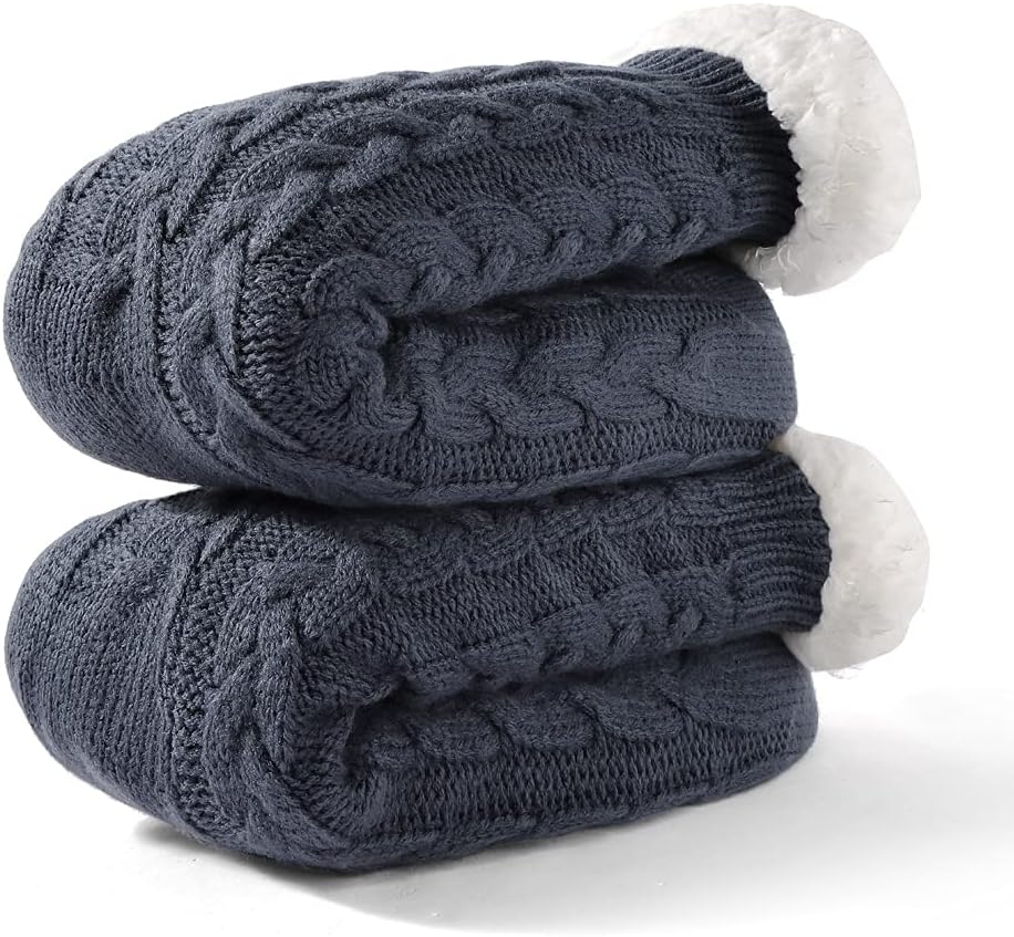 LEMZONE Men's Warm Cozy Slipper Socks with Grips, Non Slip Winter Fuzzy Fleece Lining Cabin Socks
