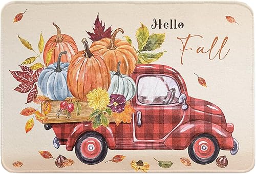 Fall Red Truck Bath mat Shower Door for Bedroom/Living/Laundry Room,Washable Bathroom Bathtub Runner Rug,Thanksgiving Pumpkin Autumn Maple Leaves