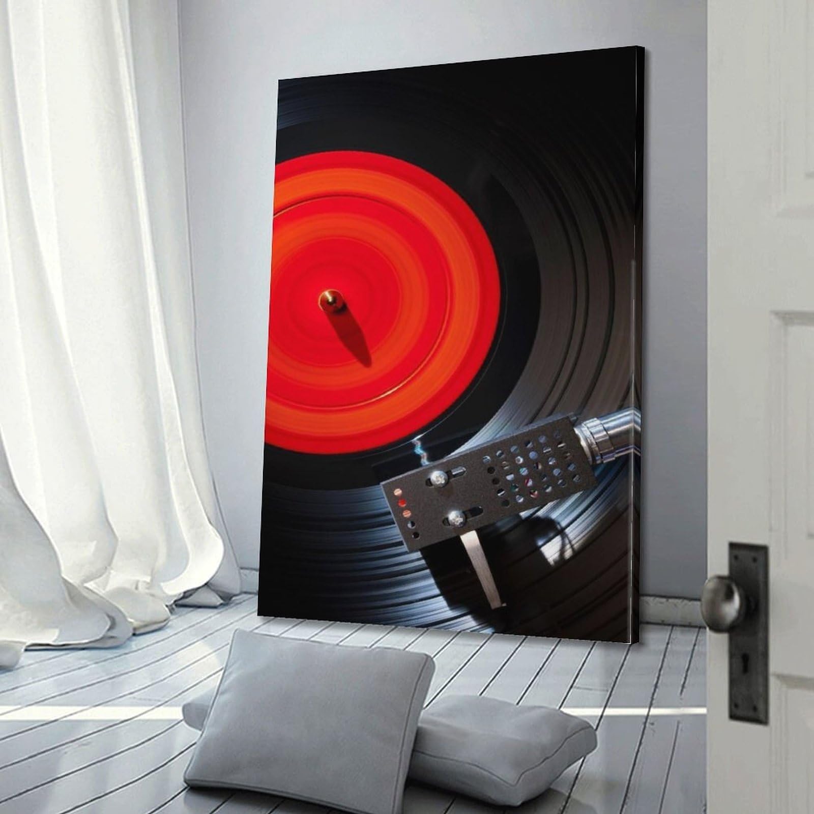 Gramofon z czerwoną i czarną płytą winylową sztuka ścienna, dynamiczna muzyka retro dekoracja do domu i salonu plakat dekoracyjny obraz na płótnie plakaty ścienne i artystyczny obraz druk nowoczesny