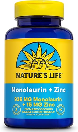 Nature's Life Monolaurin Plus Zinc Suplemento de apoyo inmunológico – 936 mg de monolaurina de coco crudo, zinc 15 mg, apoya la salud intestinal,