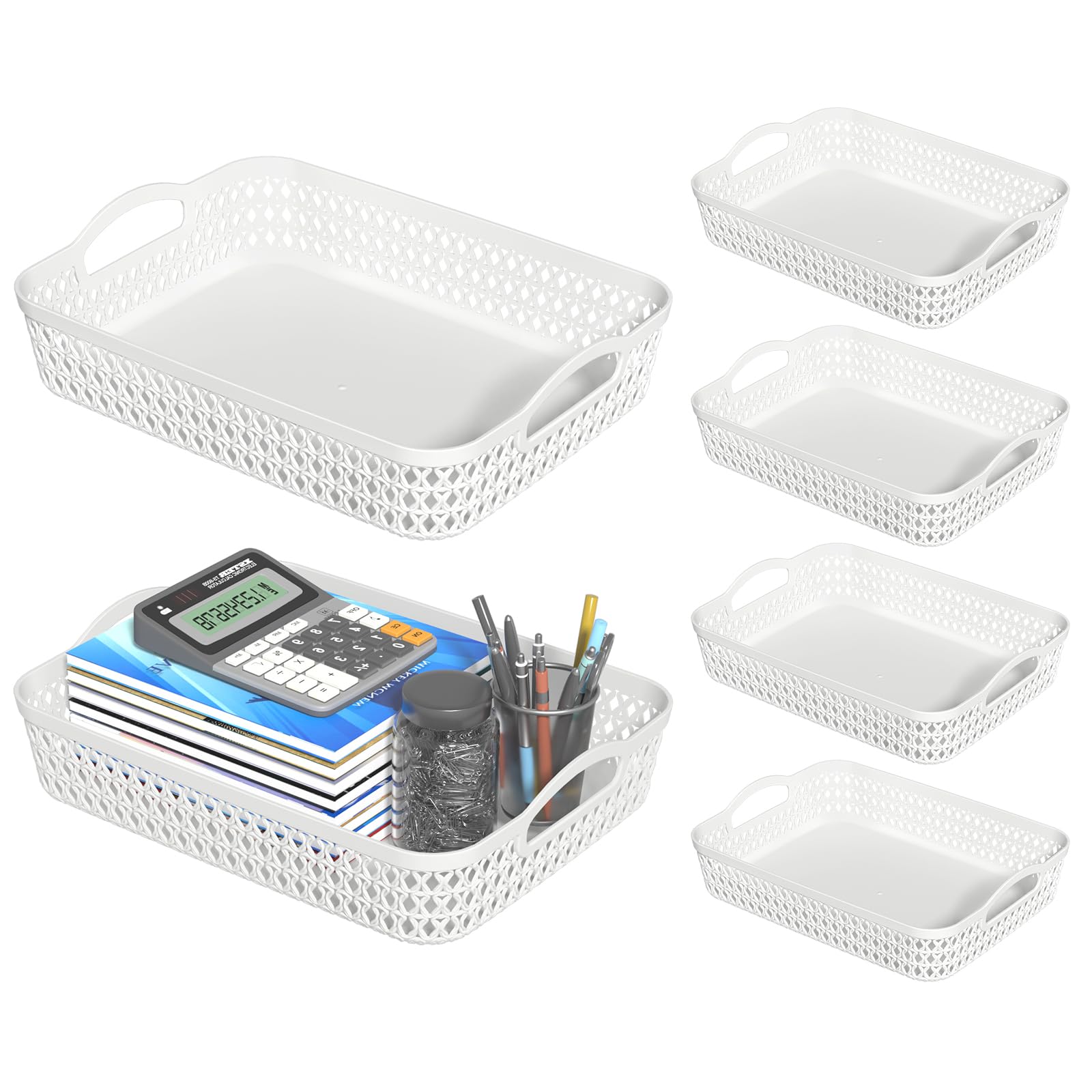 Paquete de 6 cestas de almacenamiento de plástico, cesta rectangular de plástico A4 poco profunda para uso doméstico y de oficina (blanco)